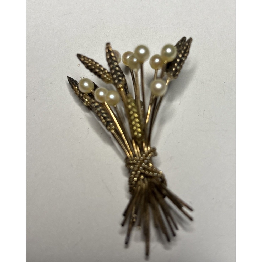 Vintage 1960s Emmons Wheat Sheaf Faux Pearl Brooch Two Tone Signed 2"
